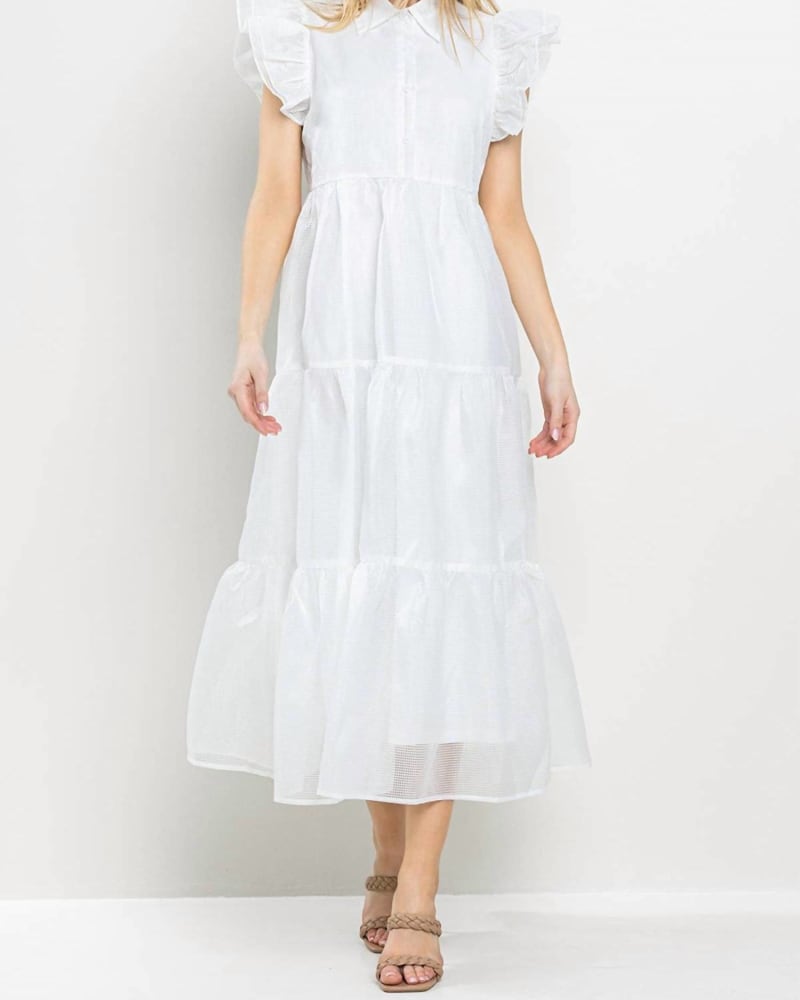 Front of a model wearing a size LARGE Cara Collared Midi Dress in White in White by TCEC. | dia_product_style_image_id:335403